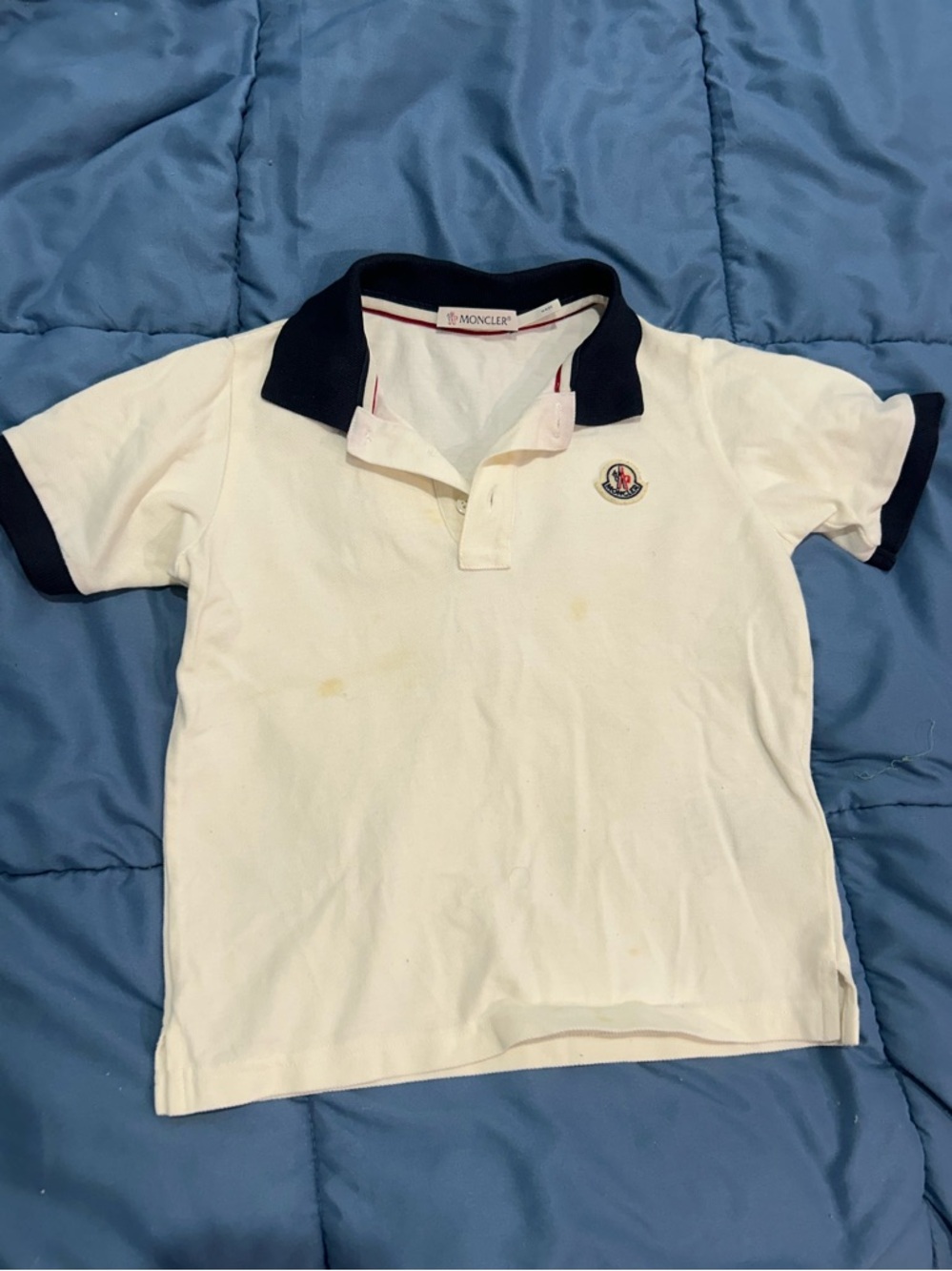 Moncler White Polo with Navy Collar and Sleeve Trim